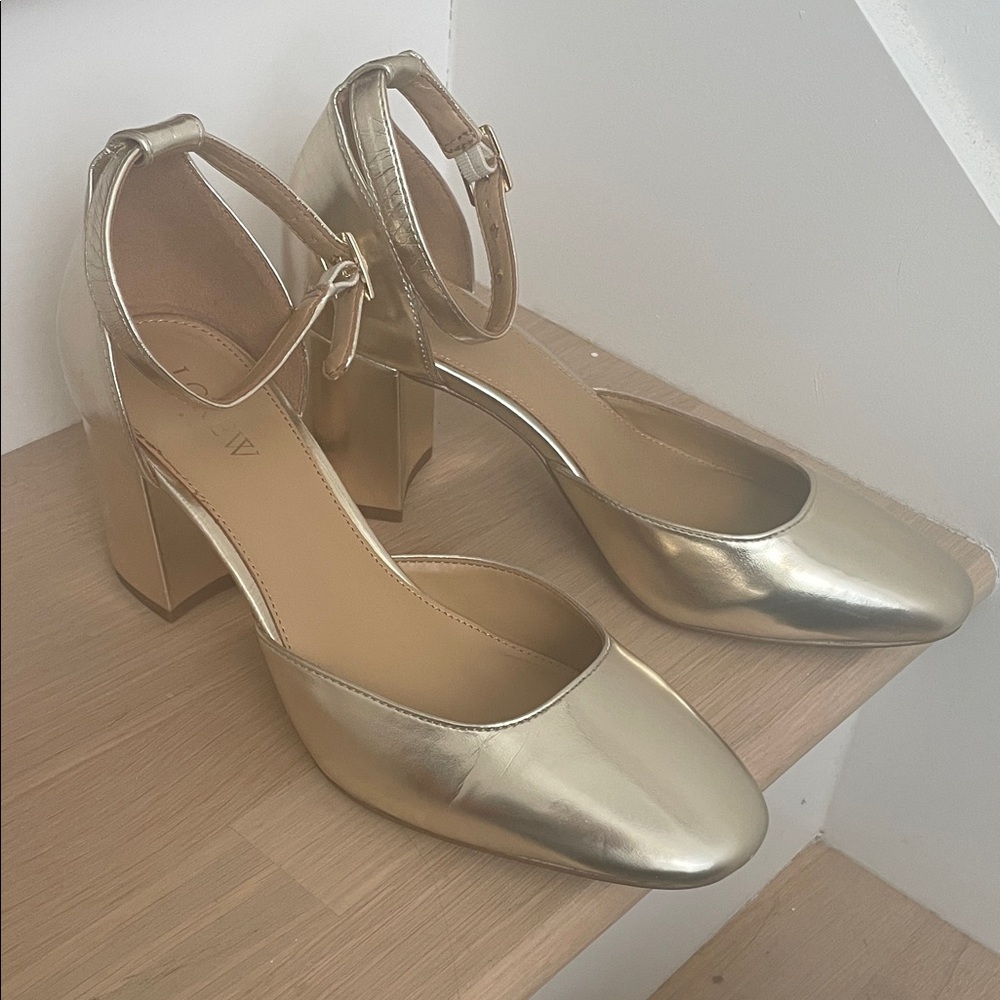 J CREW - Elegant Gold Ankle Strap Heels - NEVER WORN, new!
